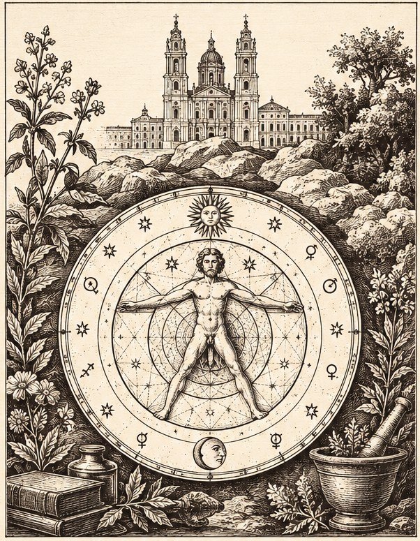 Gravura com o Palácio Nacional de Mafra, uma figura humana num círculo zodiacal, plantas medicinais, livros e almofariz